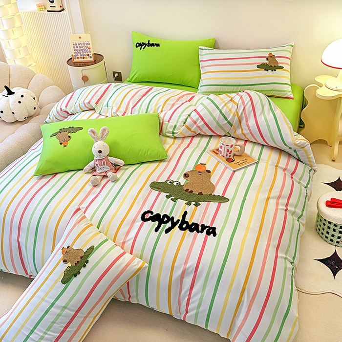 91家纺网 家纺一手货源 找家纺 大境 2024新款毛巾绣全棉纯棉学生三件套四件套 小快乐-彩条