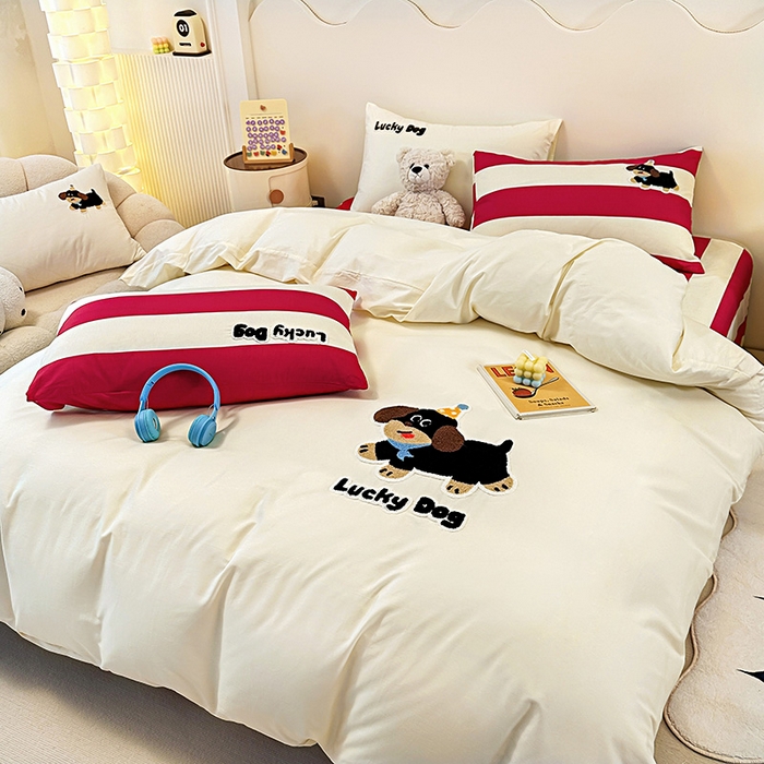 91家纺网 家纺一手货源 找家纺 大境 2024新款毛巾绣全棉纯棉学生三件套四件套 幸运狗-奶油