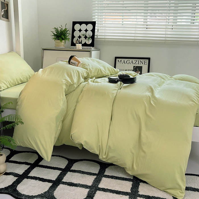 91家纺网 家纺一手货源 找家纺 贝拉梦家纺 2024新款褶皱炒鸡糯纯色水洗棉学生床三件套 香草冰激凌