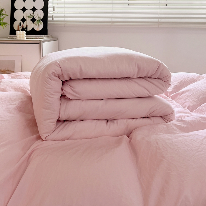 91家纺网 家纺一手货源 找家纺 贝拉梦家纺 2024新款褶皱炒鸡糯纯色水洗棉学生床三件套 桃夭