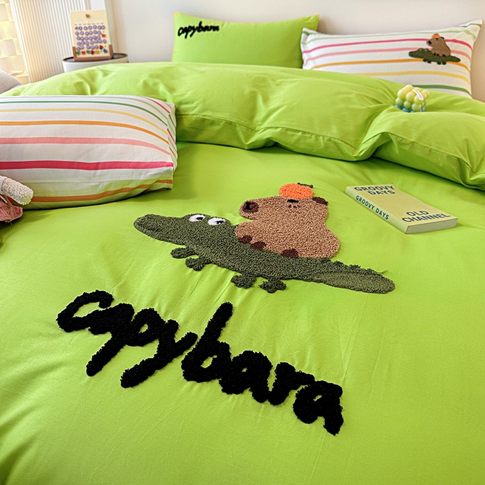 91家纺网 家纺一手货源 找家纺 大境 2024新款毛巾绣全棉纯棉学生三件套四件套 小快乐-果绿