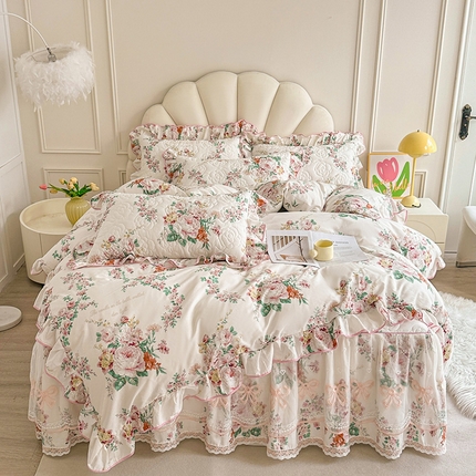 宜凡家纺 2024新款全棉印花公主风夹棉床裙四件套 浅花悠悠