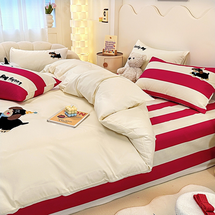 91家纺网 家纺一手货源 找家纺 大境 2024新款毛巾绣全棉纯棉学生三件套四件套 幸运狗-奶油