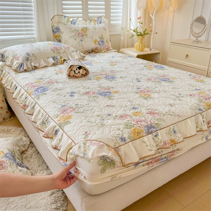 宜凡家纺 2024新款全棉印花公主风夹棉床笠三件套 春风沐歌