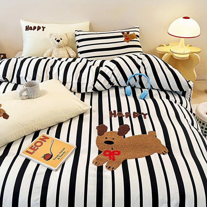 91家纺网 家纺一手货源 找家纺 大境 2024新款毛巾绣全棉纯棉学生三件套四件套 Happy