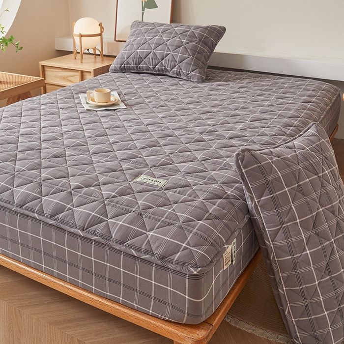 91家纺网 家纺一手货源 找家纺 3C 2024新款全棉水洗棉色织大豆夹棉抗菌床笠 千茉灰