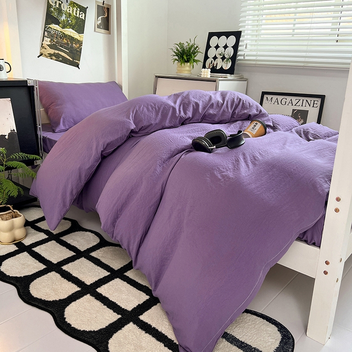 91家纺网 家纺一手货源 找家纺 贝拉梦家纺 2024新款褶皱炒鸡糯纯色水洗棉学生床三件套 风信紫