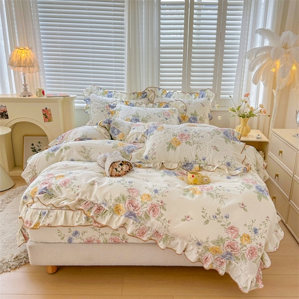 宜凡家纺 2024新款全棉印花公主风夹棉床笠四件套 春风沐歌