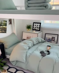 91家纺网 家纺一手货源 找家纺 贝拉梦家纺 2024新款褶皱炒鸡糯纯色水洗棉学生床三件套 庭芜绿