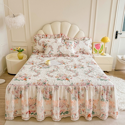 宜凡家纺 2024新款全棉印花公主风夹棉床裙三件套 浅花悠悠