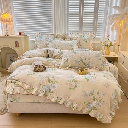 宜凡家纺 2024新款全棉印花公主风夹棉床笠四件套 清欢