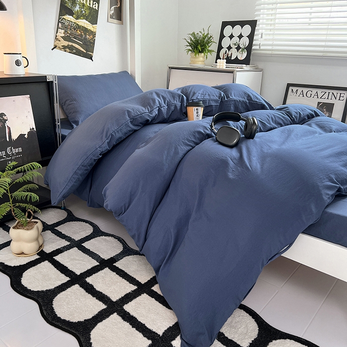 91家纺网 家纺一手货源 找家纺 贝拉梦家纺 2024新款褶皱炒鸡糯纯色水洗棉学生床三件套 浩瀚蓝