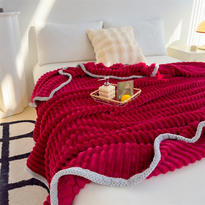 91家纺网 家纺一手货源 找家纺 灰鲸 2025新款A类加厚罗马纹豆豆剪花兔绒毛毯 兔绒-罗马纹中国红