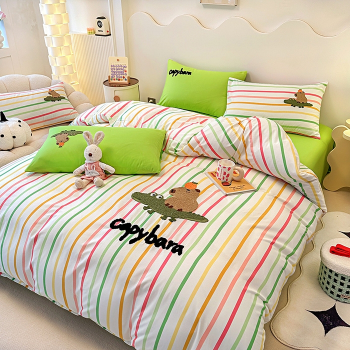 91家纺网 家纺一手货源 找家纺 大境 2024新款毛巾绣全棉纯棉学生三件套四件套 小快乐-彩条