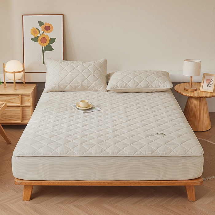 91家纺网 家纺一手货源 找家纺 3C 2024新款全棉水洗棉色织大豆夹棉抗菌床笠 元素咖