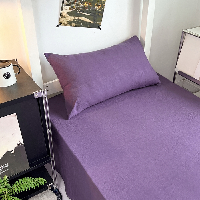 91家纺网 家纺一手货源 找家纺 贝拉梦家纺 2024新款褶皱炒鸡糯纯色水洗棉学生床三件套 风信紫