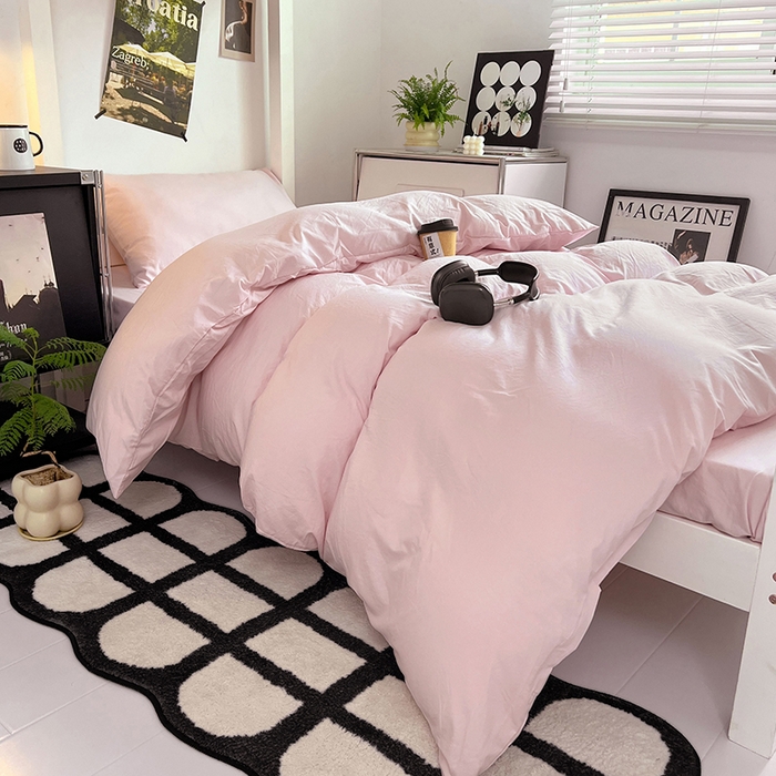 91家纺网 家纺一手货源 找家纺 贝拉梦家纺 2024新款褶皱炒鸡糯纯色水洗棉学生床三件套 桃夭