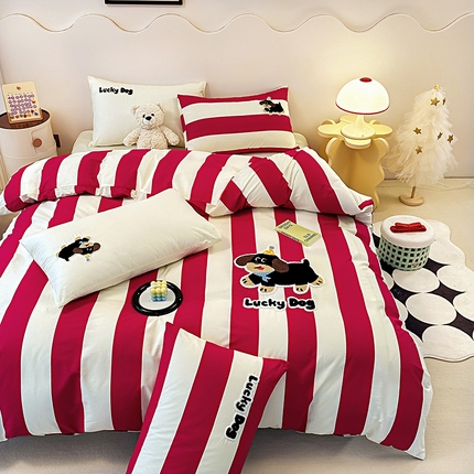 大境 2024新款毛巾绣全棉纯棉学生三件套四件套 幸运狗-红条