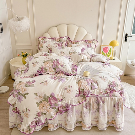 91家纺网 家纺一手货源 找家纺 （总）宜凡家纺 2024新款全棉印花公主风夹棉床裙四件套