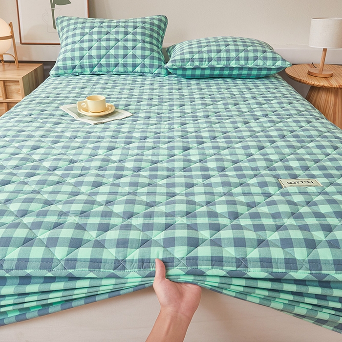 91家纺网 家纺一手货源 找家纺 3C 2024新款全棉水洗棉色织大豆夹棉抗菌床笠 妍彩翠灰