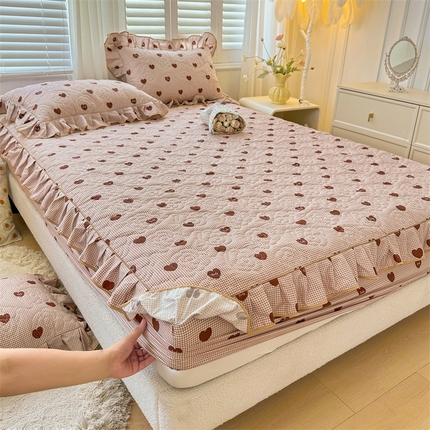 宜凡家纺 2024新款全棉印花公主风夹棉床笠三件套 心悦 棕红