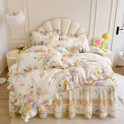 91家纺网 家纺一手货源 找家纺 （总）宜凡家纺 2024新款全棉印花公主风夹棉床裙四件套
