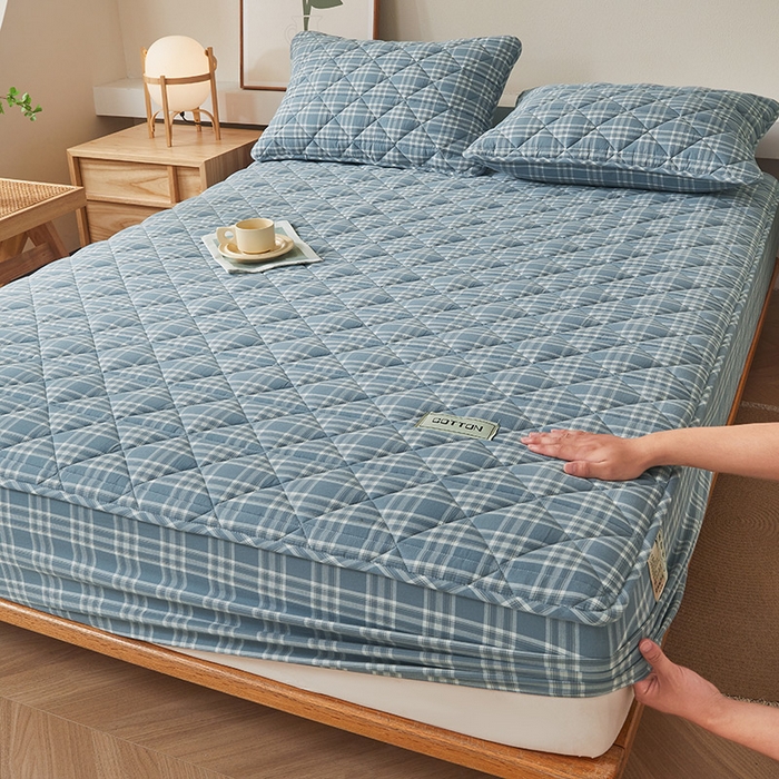 91家纺网 家纺一手货源 找家纺 3C 2024新款全棉水洗棉色织大豆夹棉抗菌床笠 花漾兰灰