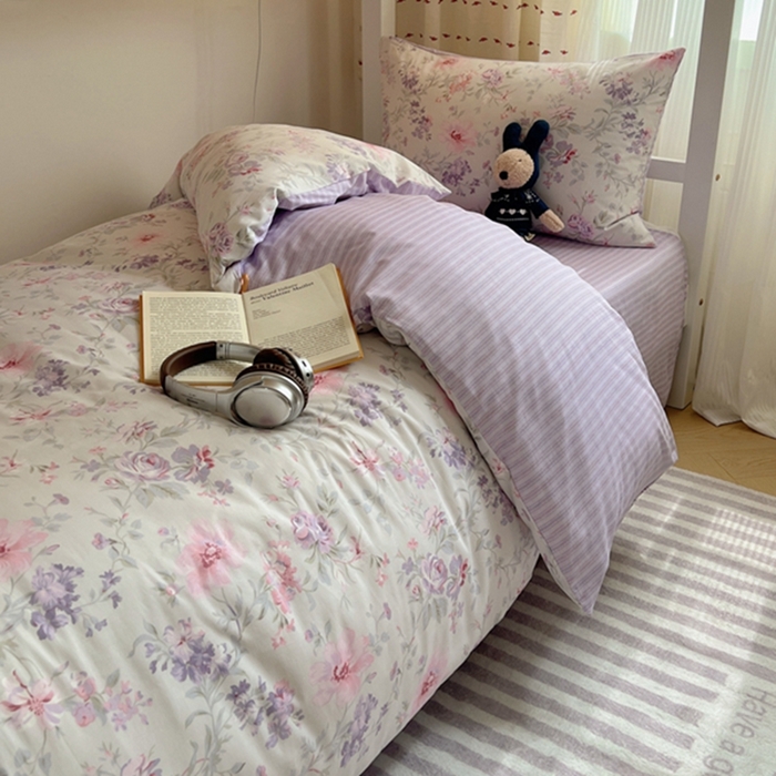 91家纺网 家纺一手货源 找家纺 富瑞阁2024新款13070学生宿舍全棉三件套 紫色花香