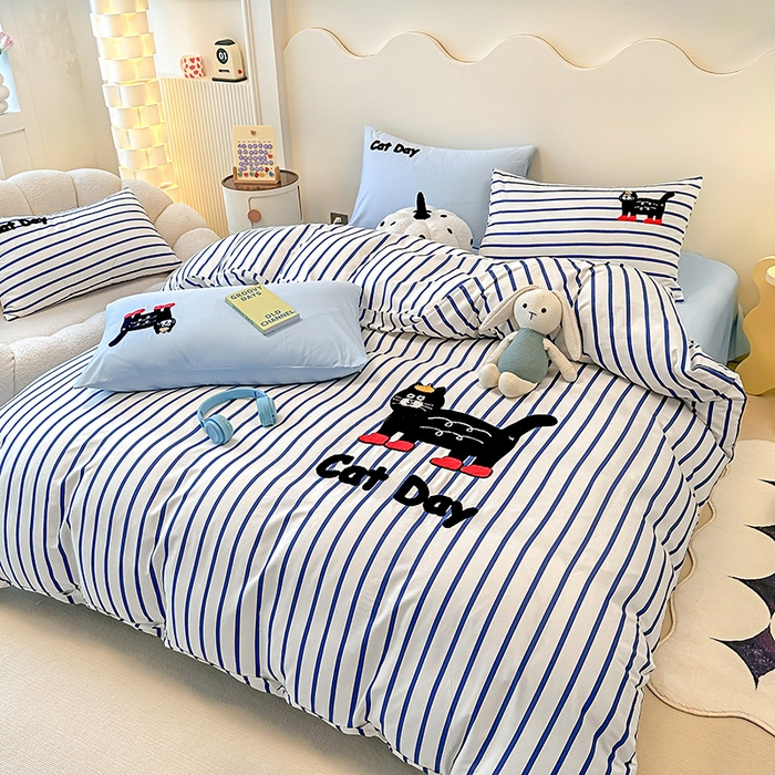 91家纺网 家纺一手货源 找家纺 大境 2024新款毛巾绣全棉纯棉学生三件套四件套 幸运猫-蓝条