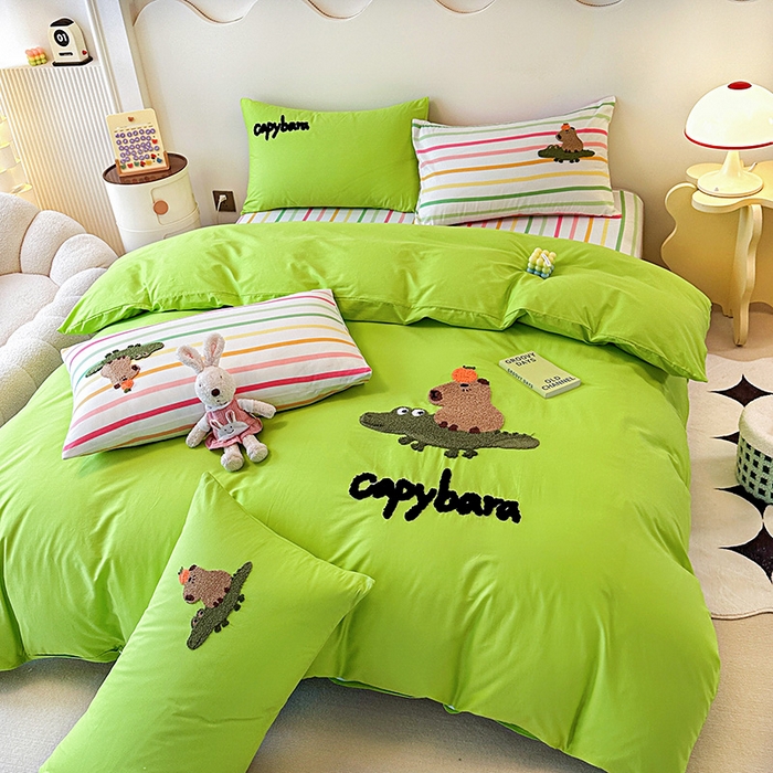 91家纺网 家纺一手货源 找家纺 大境 2024新款毛巾绣全棉纯棉学生三件套四件套 小快乐-果绿