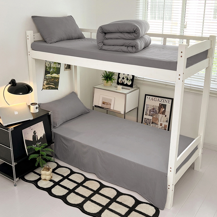 91家纺网 家纺一手货源 找家纺 贝拉梦家纺 2024新款褶皱炒鸡糯纯色水洗棉学生床三件套 莫奈灰