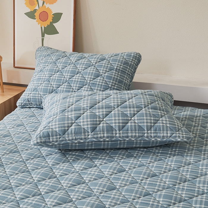 91家纺网 家纺一手货源 找家纺 3C 2024新款全棉水洗棉色织大豆夹棉抗菌床笠 花漾兰灰