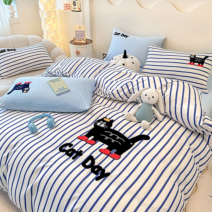 91家纺网 家纺一手货源 找家纺 大境 2024新款毛巾绣全棉纯棉学生三件套四件套 幸运猫-蓝条