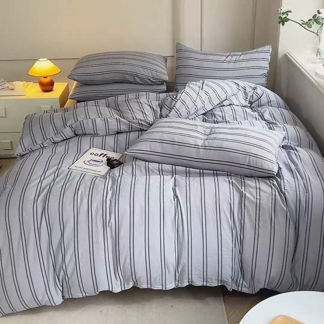 91家纺网 家纺一手货源 找家纺 多品家纺 2024新款宜家风无印风水洗棉印花四件套   律动