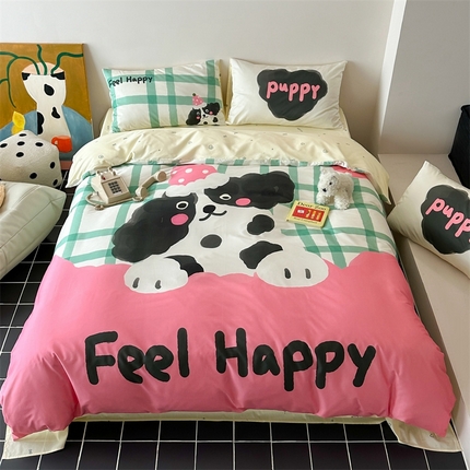 91家纺网 家纺一手货源 找家纺 桃喜 2024新款全棉大版卡通混搭四件套 快乐边牧