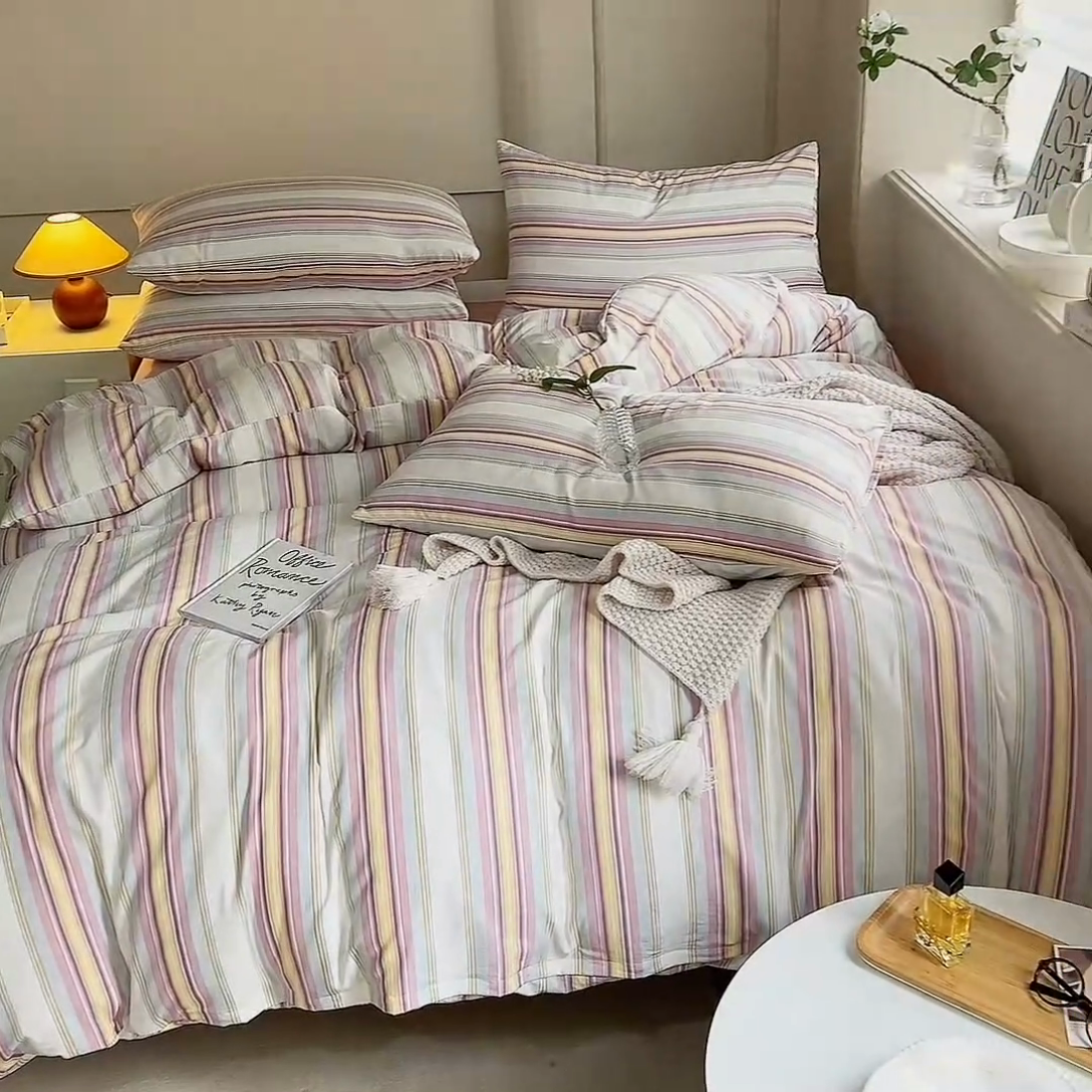 91家纺网 家纺一手货源 找家纺 多品家纺 2024新款宜家风无印风水洗棉印花四件套   焦糖甜心