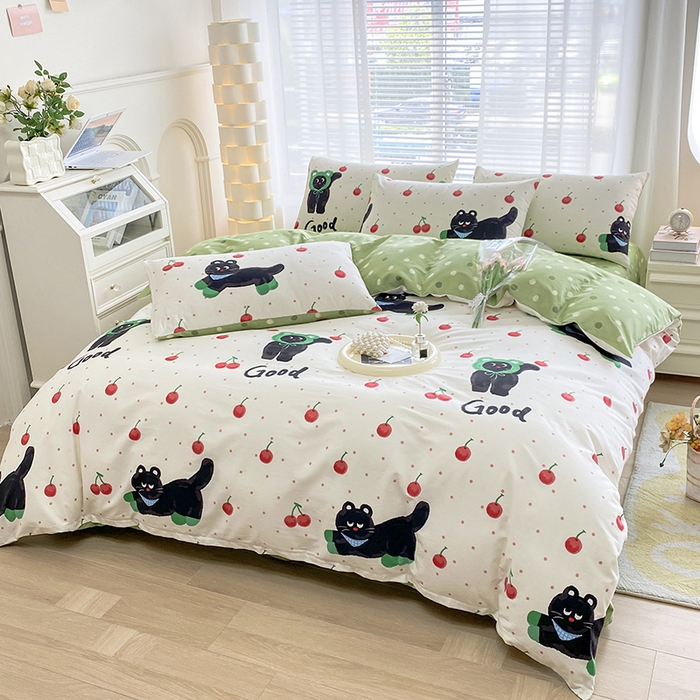 91家纺网 家纺一手货源 找家纺 宇彬家纺 2024新款13372全棉印花四件套和单被套怪诞猫咪