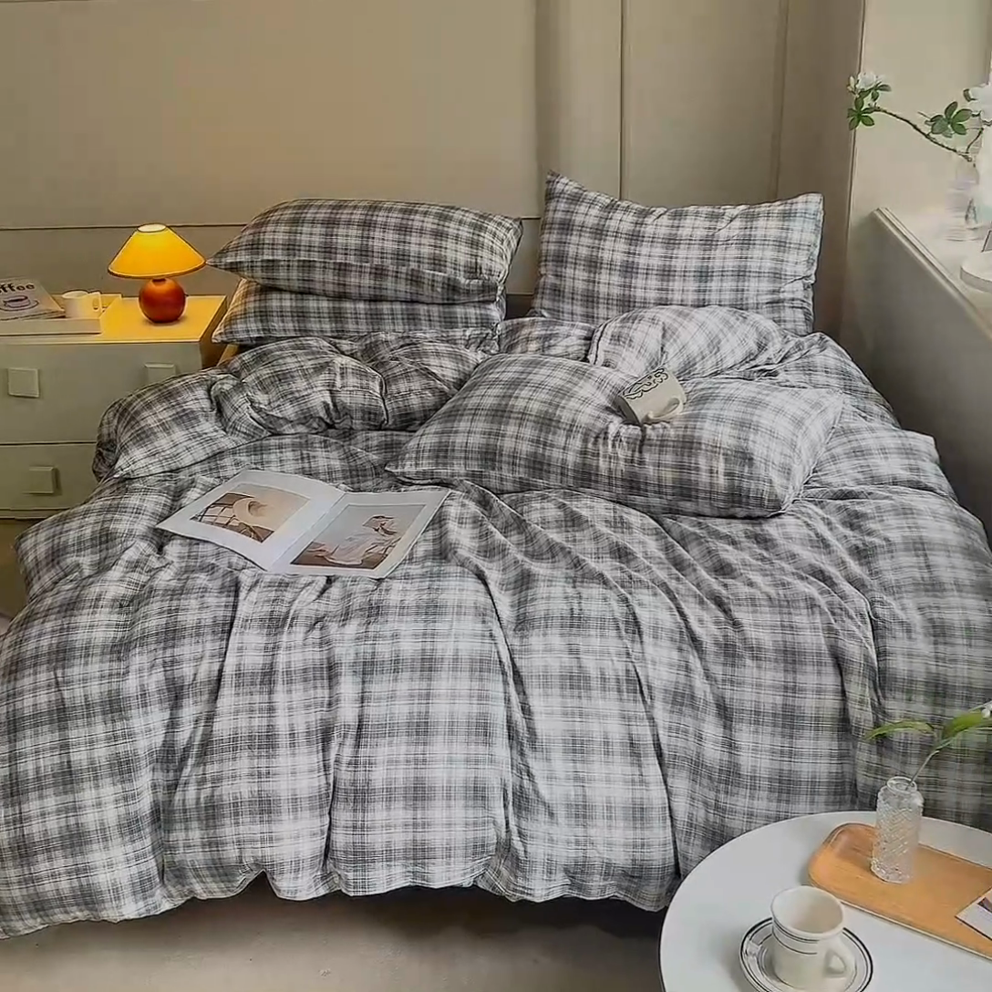 91家纺网 家纺一手货源 找家纺 多品家纺 2024新款宜家风无印风水洗棉印花四件套   简约格