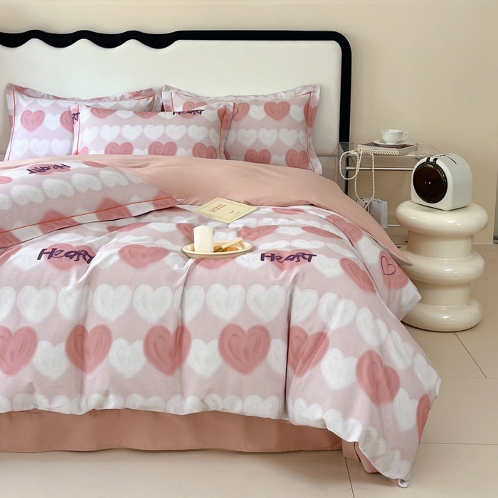 91家纺网 家纺一手货源 找家纺 艾迪尚家纺 2025新款生态全棉磨毛印花四件套 心心相印-粉