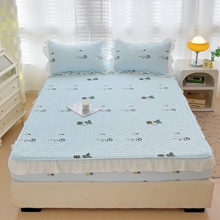 恒尚居 2024新款夹棉床笠印花艾草抗菌防滑床单-四季款【支持定做】 艾草-花边床笠【浅蓝色】