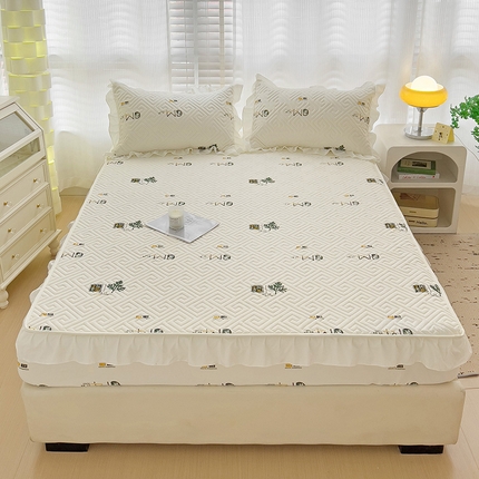 恒尚居 2024新款夹棉床笠印花艾草抗菌防滑床单-四季款【支持定做】 艾草-花边床笠【珍珠白】