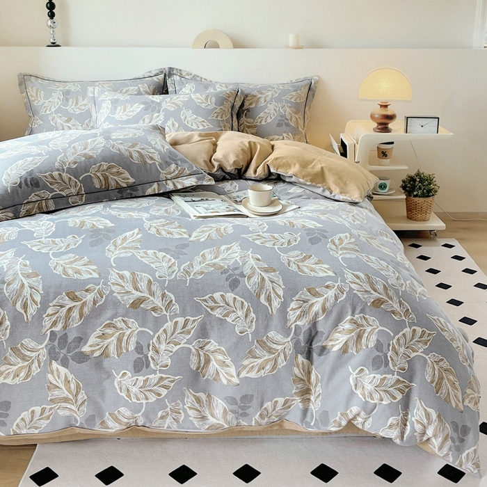 91家纺网 家纺一手货源 找家纺 艾迪尚家纺 2025新款生态全棉磨毛印花四件套--单被套 叶叶相惜