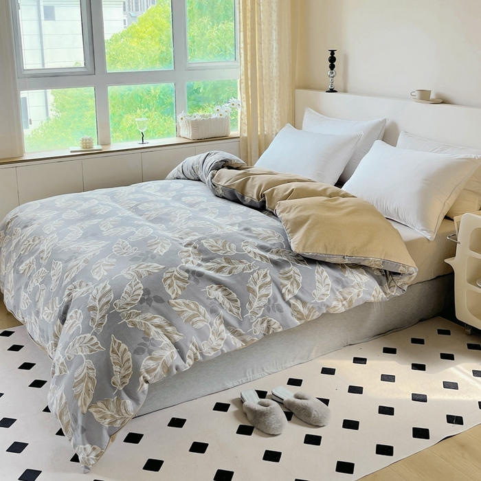 91家纺网 家纺一手货源 找家纺 艾迪尚家纺 2025新款生态全棉磨毛印花四件套--单被套 叶叶相惜