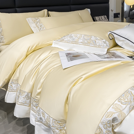 91家纺网 家纺一手货源 找家纺 （总）2024新品100支长绒棉四件套纯棉全棉纯色拼接床单被套高精密刺绣床笠款床上用品