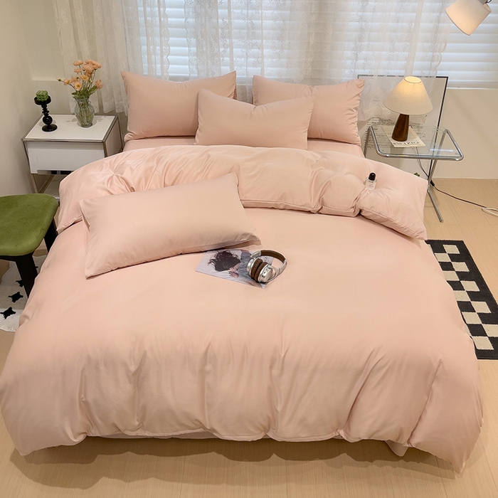 91家纺网 家纺一手货源 找家纺 维娜斯家纺 2024新款水洗冰丝轻奢款纯色拼色系列四件套 纯粉色