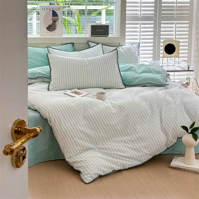 91家纺网 家纺一手货源 找家纺 宜家坊 2024新款A类全棉色织水洗棉贝壳边绣三角针工艺四件套可定制 诺言-蓝