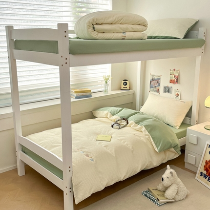 雅居纺家纺 2024新款开学季全棉A类华夫格绣花四件套-Min Min-米黄+水绿