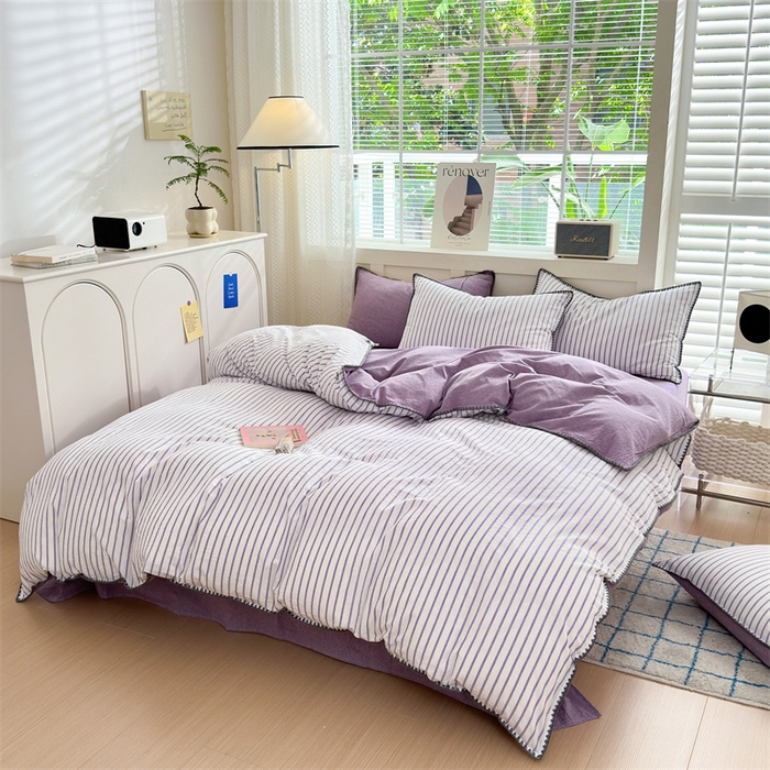 91家纺网 家纺一手货源 找家纺 宜家坊 2024新款A类全棉色织水洗棉贝壳边绣三角针工艺四件套可定制 诺言-紫