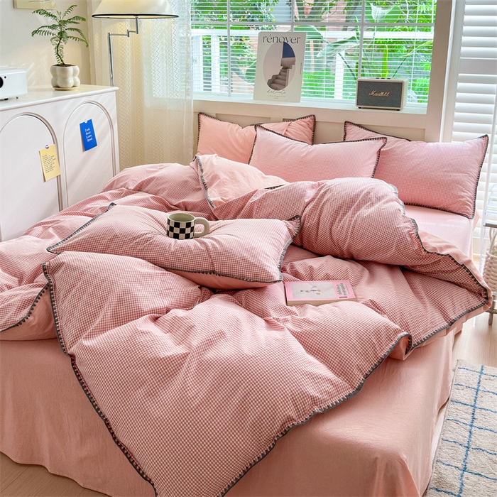 91家纺网 家纺一手货源 找家纺 宜家坊 2024新款A类全棉色织水洗棉贝壳边绣三角针工艺四件套可定制 遇见-蜜粉