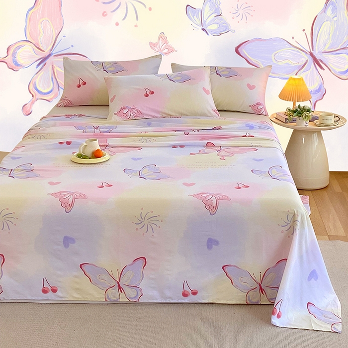 91家纺网 家纺一手货源 找家纺 金鑫汇家纺 2024新款全棉印花单床单 彩蝶飞舞